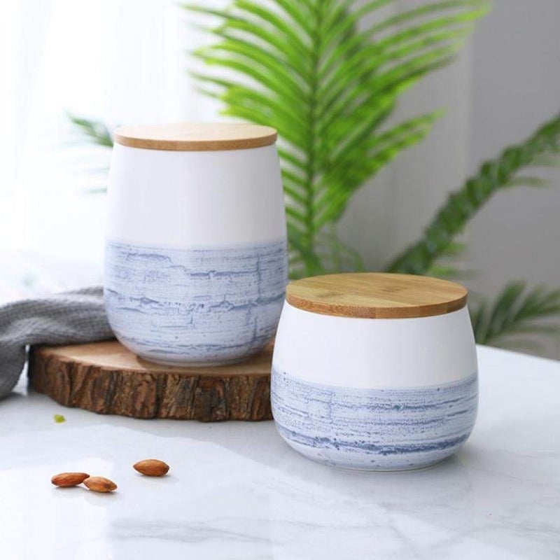 milkyway Food Storage Jar White Ceramic Food storage canister with Airtight Wooden Lid for serving Coffee, Tea, Sugar, Spice and More (700ml) - Image 2